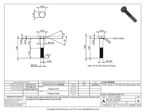Technical drawing of Pack Of Ten 1/4-20 By 1 1/2 Inch Grade Two Pure Titanium Hex Head Bolts with dimensions.
