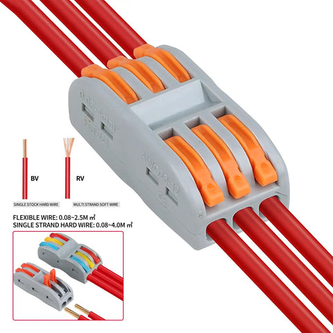 Plug-N-Play Quick-Connect Terminal Kit 2-In 2-Out And 3-In 6-Out Wiring Terminals, red wires inside gray connector