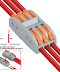 Close-up of Mini 3 In 3 Out Parallel Wire Connector Kit with red wires inserted, showing orange press lock levers