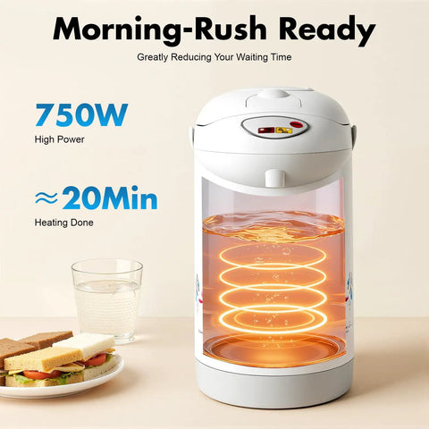 Heavy Duty Three Liter Hot Water Dispenser serving top tier auto and manual pouring lines with illuminated water boiling.