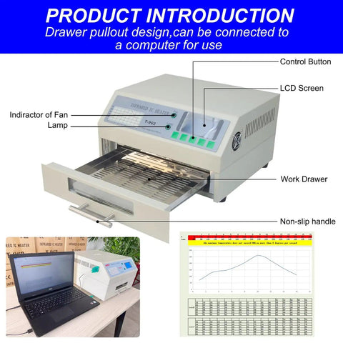Drawer Type Reflow Oven With Hot Air Circulation And Infrared Heater Rework Station For PCB SMD SMT BGA T962V20 110V with display panel