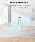 Evaporative Swamp Cooler Tower Fan Beast Mode Cooling in a modern room with A/C, illustrating combined use.