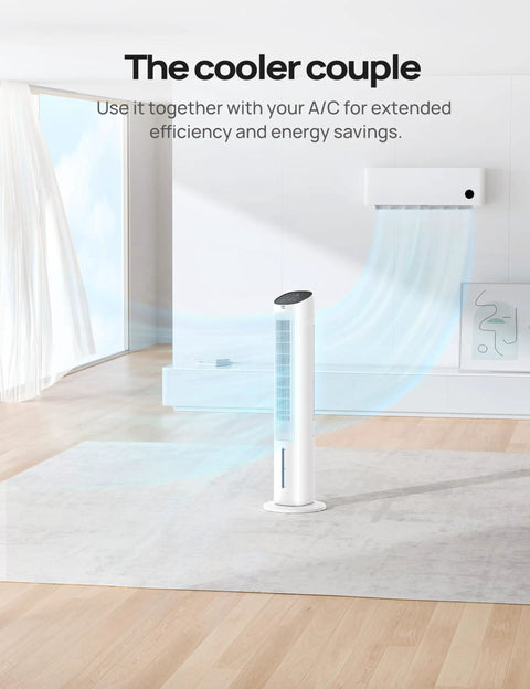 Evaporative Swamp Cooler With Bladeless Standing Fan And Removable Water Tank, Pairs Ice Packs And Fast Remote For That No Sweat Summer Chill, Four Speed Settings And Seven Hour Timer Best For Bedroom Or Office White