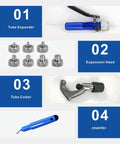 AMZCNC CT-300 hydraulic tube expander kit collage with 7 expansion heads, tube cutter, deburring tool and chamfer tool