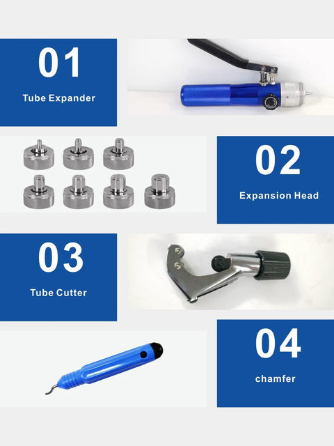 AMZCNC CT-300 hydraulic tube expander kit collage with 7 expansion heads, tube cutter, deburring tool and chamfer tool