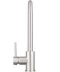 RV Ready Pull Down Kitchen Faucet with One Hand Lever in Brushed Satin Nickel, side view showing high arc and smooth design.