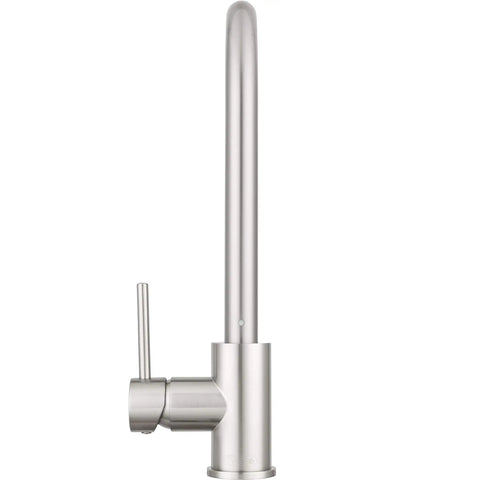 RV Ready Pull Down Kitchen Faucet with One Hand Lever in Brushed Satin Nickel, side view showing high arc and smooth design.