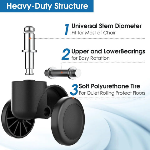 heavy duty office chair caster wheels with universal stem, bearings, and soft polyurethane tires for quiet floor protection.