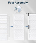 Image showing assembly steps of White Five Panel Barn Door With 7 Foot Track Kit Included 42 By 84 Inch Solid MDF Wood Slab Covered With Waterproof Scratch Resistant PVC Surface DIY Assembly And Easy Install.