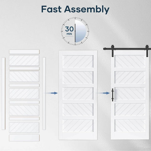 Image showing assembly steps of White Five Panel Barn Door With 7 Foot Track Kit Included 42 By 84 Inch Solid MDF Wood Slab Covered With Waterproof Scratch Resistant PVC Surface DIY Assembly And Easy Install.
