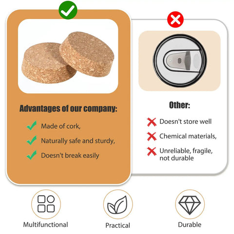 Comparison image showing Two Pack Tapered Cork Lids For Wine Jars And Glass Bottles Easy Seal Cork Bottle Stoppers 3 X 2.76 X 0.78 Inch Cork Plugs For Arts And DIY Crafts Keeps Fresh Flavor advantages over synthetic alternatives highlighting natural, safe, and durable cork material versus unreliable and fragile synthetic materials.