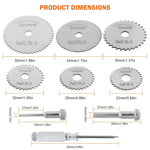1/8 And 1/4 Inch Hex Round Shank Rotary Drill Saw Set With 6 HSS Cutting Blades For Wood Plastic Aluminum Brass Copper, Perfect For DIY Projects And Home Tool Kit, Fits Most Rotary Tools showing blade sizes and mandrels