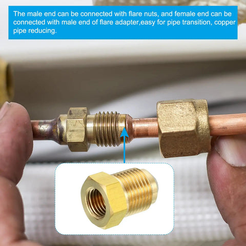 Beefy Brass Flare Fitting Three Eighths Inch Female To One Half Inch Male SAE 45 Degree Flare Adapter in use on copper pipe
