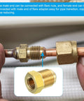 Close-up of Three Eighth Inch Female Flare To One Quarter Inch Male Flare Connector Pack Of 2 for pipe transition.