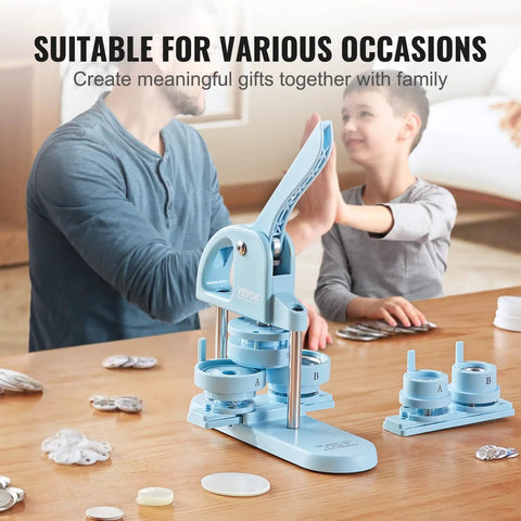 Family using Three In One Button Maker Kit With 25mm 32mm And 58mm Sizes, Ergonomic Arc Handle Punch Press, 300 Button Parts.