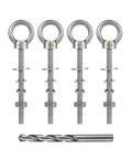 Four Pack Quarter Inch Eye Bolts Three Inch Long Heavy Duty Stainless Steel With Bonus Drill Bit Included, Working Load Limit Two Hundred Pounds