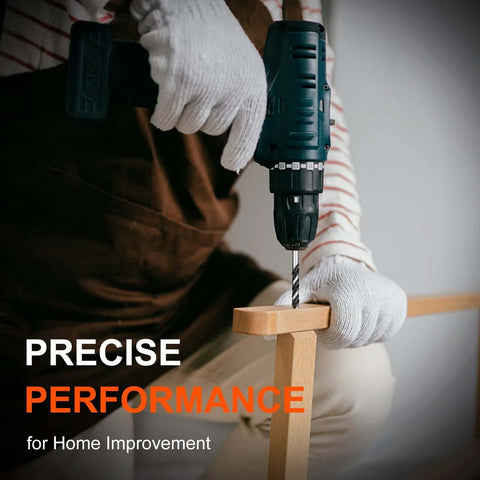 COMOWARE Masonry Drill Bit set, green cordless drill drilling a wooden block with white-gloved hands