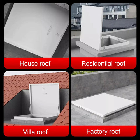 Heavy Duty Roof Access Hatch With Weatherproof Aluminum Frame And Galvanized Steel Plate, High Security Roof Skylight Door For Maintenance, Industrial Cellar Doors For Factories, Warehouses, Workshops, And Lofts, White on house, residential, villa, and factory roofs