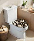 Elongated Peonies roses Floral vintage seamless Gold white Toilet Seat on a modern toilet in a bright bathroom.
