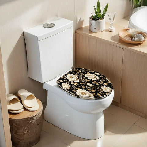 Elongated Peonies roses Floral vintage seamless Gold white Toilet Seat on a modern toilet in a bright bathroom.