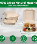 100 Pack 3-Compartment Compostable Takeout Lunch Boxes With Lids 8x9 Inch Clamshells For Food To Go Eco Friendly Bagasse PFAS Free