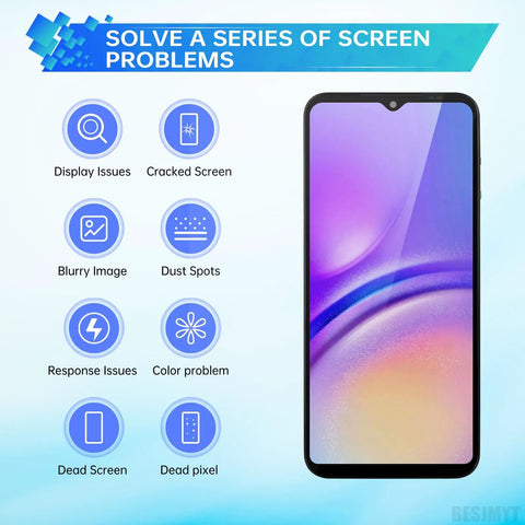 Samsung Galaxy A05 Screen Replacement Kit With Frame LCD Display Touch Digitizer Full Assembly And Handy Repair Tools Set For SM A055F A055M DS Easy Install And Quality Build For Long Lasting Performance; image showing a replacement screen solving various issues like cracked screens and display problems.