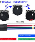 90° 16mm three position rotary switch DPDT latching, two NO two NC, with red, green, blue wire leads, on off on selector knob