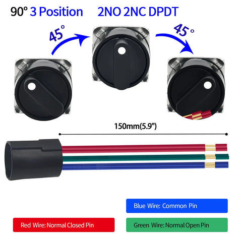 90° 16mm three position rotary switch DPDT latching, two NO two NC, with red, green, blue wire leads, on off on selector knob