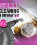 Handheld steam cleaner removing grime with steam, demonstrating efficient cleaning for tough stains in kitchens.