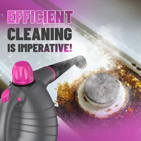 Handheld steam cleaner removing grime with steam, demonstrating efficient cleaning for tough stains in kitchens.
