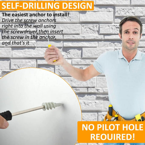 Installation of Self Drilling Drywall Anchors Kit 104 Pcs With 52 Self Tapping Plastic Anchors And 52 Screws One And Quarter Inch For Drywall Holds Up To 75 Lb Heavy Duty Hanging And Shelves For Home Renovation Projects.