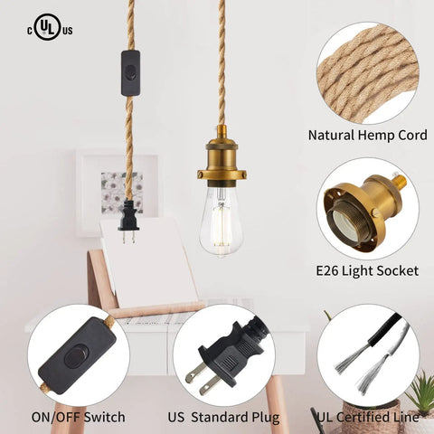 15.4 Ft Industrial Vintage Hemp Rope Pendant Light Cord Kit with Plug In E26 Socket and On Off Switch, 18 AWG Wire, US Plug