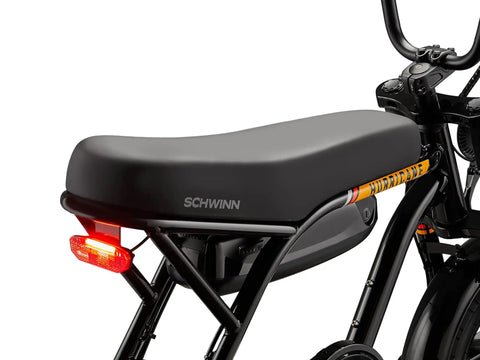 Hurricane Compact Electric Bike With 30 Mile Range, 400W Peak Motor, Mechanical Disc Brakes, 14 Inch Wheels, Ages 13 Plus, Black, Ready To Roll For Fun City Cruising And Quick Commutes, rear seat and taillight close-up