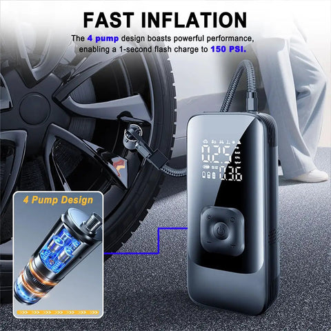 Portable Digital Tire Inflator With Auto Shut Off And Bright Led Light 150 Psi Compact Air Pump for cars displayed with tire.