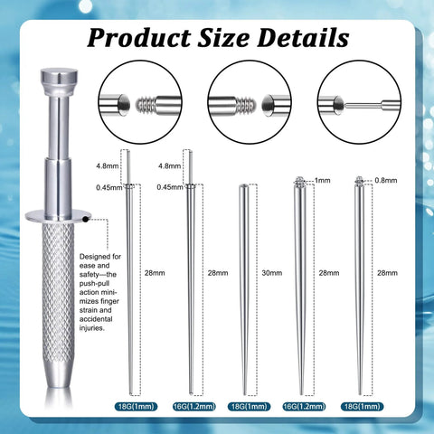 16G 18G Piercing Taper Ball Grabber Go To Hypoallergenic Stainless Steel Flat Back Earring Applicator Tool showing size details.