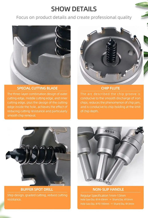 Close-up details of Six Piece Carbide Pro Grade Hole Cutter Set For Wood Metal And Plastic Seven Eighths To Two Inches Diameter