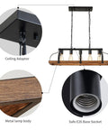 Five Light Metal Chandelier With Imitation Wood Grain Finish, linear pendant ceiling light with E26 base and details of components