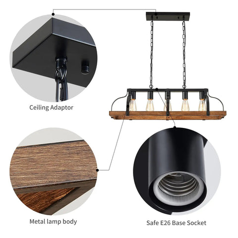 Five Light Metal Chandelier With Imitation Wood Grain Finish, linear pendant ceiling light with E26 base and details of components