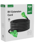 Beefed Up 30 Amp 25 Foot RV Extension Cord With TT30P Male And TT30R Female Connectors, Weather Resistant 10 Gauge 3 Conductor STW Cable, Durable Strain Relief, Safe For Up To 3750 Watts. 25ft RV cord box
