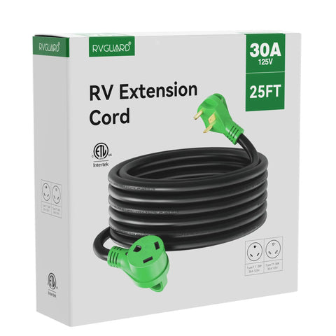 Beefed Up 30 Amp 25 Foot RV Extension Cord With TT30P Male And TT30R Female Connectors, Weather Resistant 10 Gauge 3 Conductor STW Cable, Durable Strain Relief, Safe For Up To 3750 Watts. 25ft RV cord box