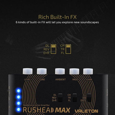 Control panel of USB Rechargeable Portable Pocket Guitar And Bass Headphone Amp With Plug In Multi Effects and FX options