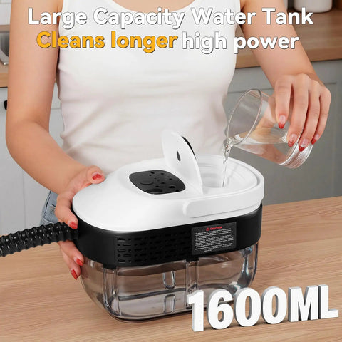 2500W Portable Handheld Steam Cleaner Delivers Powerful 160C Hot Steam In Just 15 Seconds For Quick Carpet And Floor Cleaning With Adjustable Pressure Settings And Smart Leak Proof Design For Effortless Deep Cleaning Results, pouring water into 1600ML tank.
