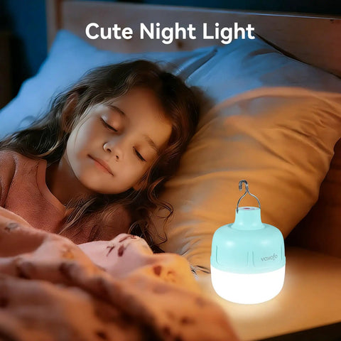Child sleeping beside 20W LED Camping Lantern Rechargeable, 1200LM Output, 3000mAh Battery, in a cozy nighttime setting.