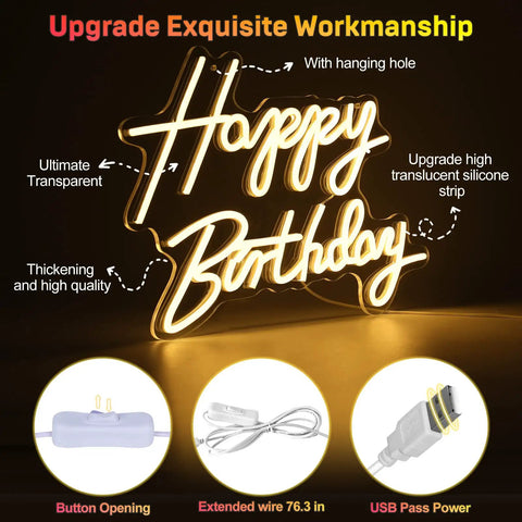 Happy Birthday Neon Sign LED Backdrop With Warm White Glow USB Powered Party Photo Prop For Birthday Parties 16.5 By 11.6 Inch Neon Light Decoration Easy Setup Perfect For Capturing Dope Party Pics with silicone strip and USB power
