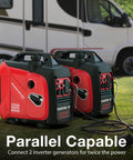 2500 Watt Portable Inverter Generator With 79.8cc OHV Engine Ultra Quiet 5.5 Hour Runtime 1900 Running Watts Built For Camping RV Life Home Power Outages And Outdoor Emergencies shown connected in parallel on grass with RV in background