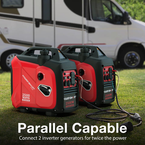 2500 Watt Portable Inverter Generator With 79.8cc OHV Engine Ultra Quiet 5.5 Hour Runtime 1900 Running Watts Built For Camping RV Life Home Power Outages And Outdoor Emergencies shown connected in parallel on grass with RV in background