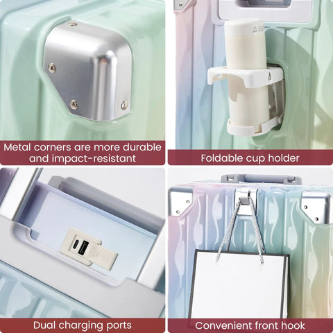 Details of Go To 20 Inch Carry On Luggage With Spinner Wheels And USB Port, featuring metal corners, foldable cup holder, and dual USB ports.