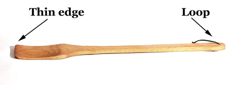 Monster 18 Inch Wooden Stir Paddle For Crawfish Boil Big Pots Heavy Duty Cajun Spatula showing thin edge and hanging loop