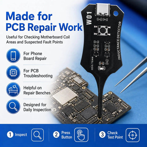 Inductance Tester For PCBs And Motherboard Coils Pro Grade Electronic Circuit Board Detector For PCB Repair And Phone Troubleshooting DIY Friendly Dual Pack Coil Tester W01 Compatible displaying usage instructions with PCB