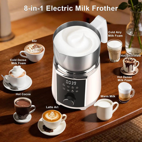 All In One Milk Frother And Steamer With Detachable Base Automatic Warm And Cold Foam Maker on a wooden table with assorted drinks.